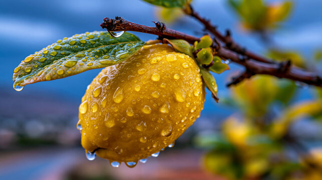 Fresh yellow lemon hanging on a branch covered in morning raindrops with vitamins, droplets