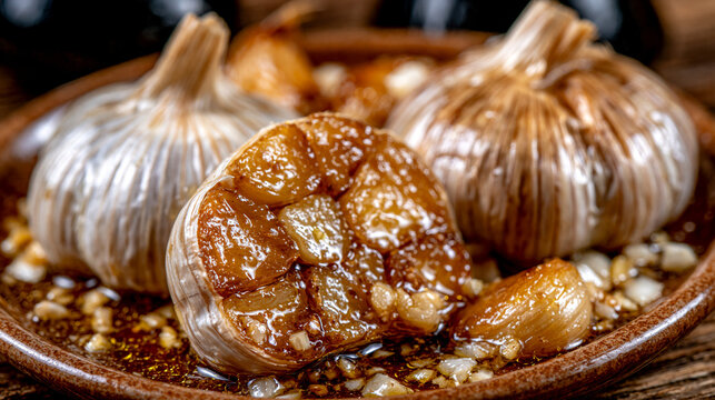 Roasted garlic bulbs in a rustic ceramic dish with culinary ingredient vegetable seasoning