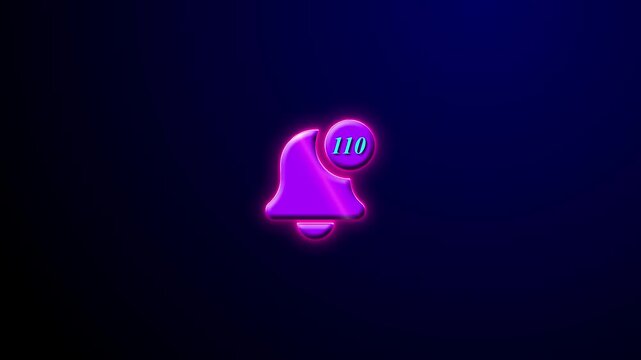 Digital Communication and Vibrant Neon Alert Bell with 110 Notification Counter 4k Animation on Dark Background. Glowing Reminder Icon, Unread Message Concept and App  Element motion animation.