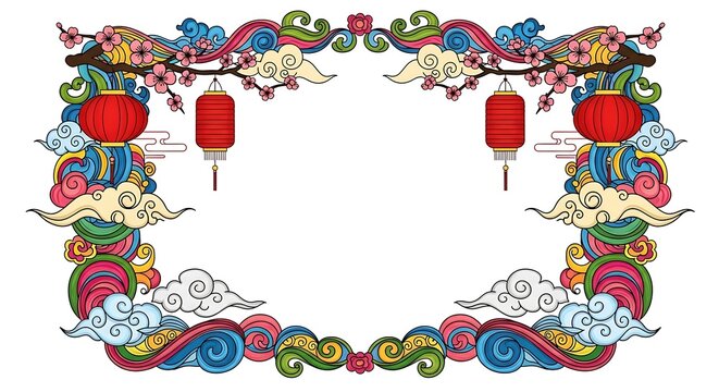 Colorful, ornate illustration with hanging lanterns, flowers, and swirling cloud details