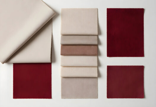 Fabric swatches in beige, brown, and red tones for interior design and textile selection, isolated on a white background