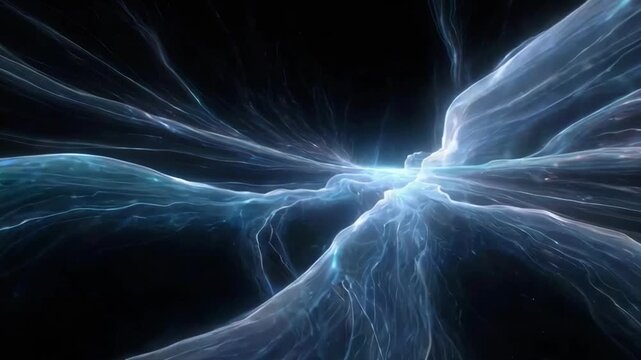 Luminous energy streams in abstract style on dark background, evoking concept of cosmic power and motion