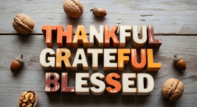 Happy thanksgiving day thankful grateful blessed wooden lettering with autumn decor