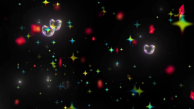 Glowing heart symbols and sparkling stars shimmer against a deep black background.