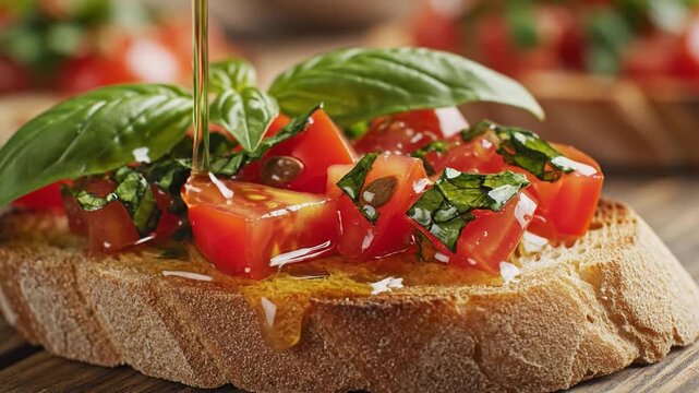 Fresh italian bruschetta with cherry tomatoes and basil being drizzled with golden olive oil