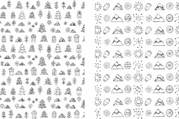 Hand drawn coniferous and deciduous trees mountain and sun pattern on a white background © Amrito