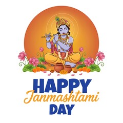 Fototapeta premium Lord krishna illustration for happy janmashtami celebration with lotus flowers and flute janmashtami religion