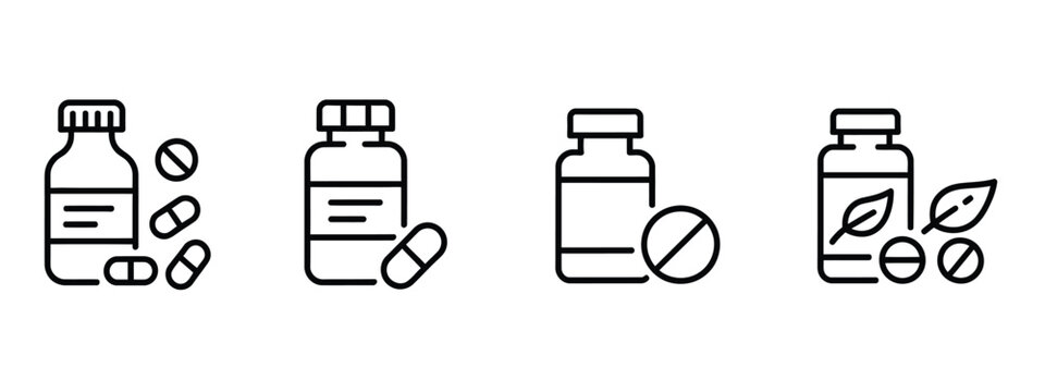 Medicine bottle and capsules icon set, healthcare pharmacy symbols, antibiotic pills, vitamin supplements, herbal medicine jar, editable stroke vector, isolated on transparent background.