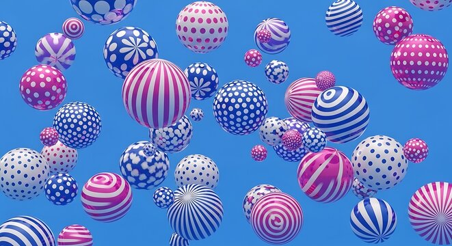 Colorful patterned spheres float against a vibrant blue backdrop, creating a playful design