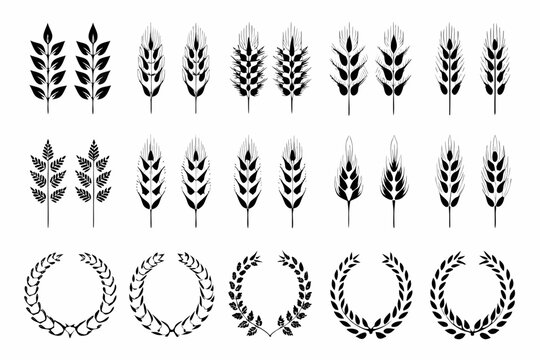 Wheat stalks and laurel wreaths black silhouette illustration on a white background agricultural