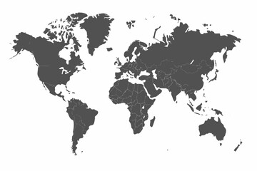 Dark gray world map silhouette against a white background depicting continents and country borders © Amrito