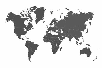 Dark gray world map silhouette against a white background representing global geography and cartography © Amrito