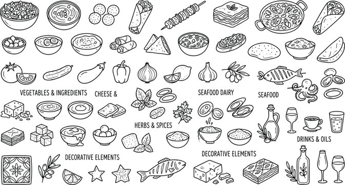 Mediterranean Food Icon Set Hand Drawn Vector Illustration