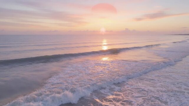 Calm ocean waves at sunset in soft style on pastel horizon background, concept of peace and tranquility today
