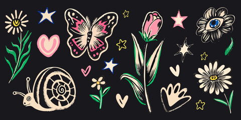 Floral Ornament With Butterfly Snail And Stars Hand Drawn Style © Etika