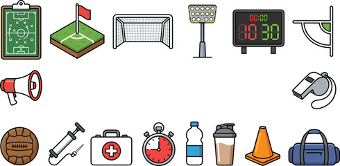 Soccer Match Equipment Collection Featuring Goal Scoreboard Whistle First Aid Water Bottle and Coaching Illustrations © sumi