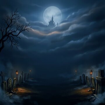 Gothic graveyard scene with a full moon and silhouetted castle dark blue tones