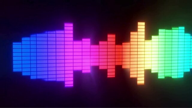 This digital equalizer visualization displays a series of rising vertical bars against a dark background, forming a dynamic sound wave with distinct peaks and valleys.