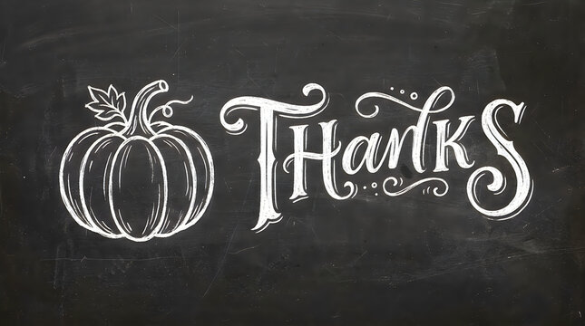 A creative Thanksgiving banner design, featuring a minimalist chalkboard art style drawing of a pumpkin and the word "Thanks", white chalk on dark matte grey background