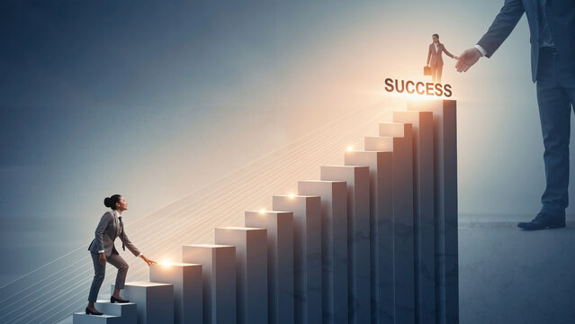 Woman business person climbing stairs to success with help from a man. Achieving career goal through mentorship and support. Business growth concept.