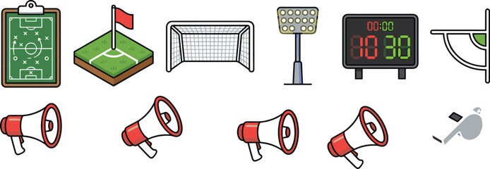 Soccer Stadium Equipment Collection Featuring Goal Scoreboard Coaching Board Corner Flag Floodlights Megaphone and Referee Illustrations © sumi
