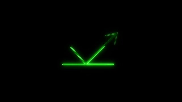 Animated glowing green neon reflection arrow moving upwards on black background, loop-able motion graphic icon for finance, growth, stock trading, and business presentation video.