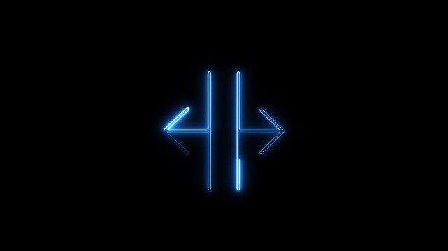 Loop-able blue neon split arrows animation video icon isolated on black background, glowing motion graphic symbol for direction, expand, distance, horizontal movement, and UI.