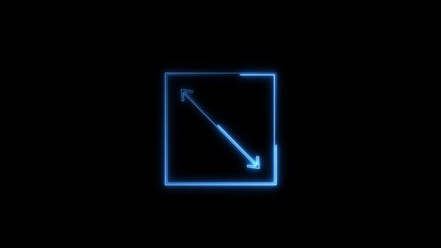 Animated blue neon diagonal re-size arrow in square icon on black background, loop-able motion graphic video symbol for scale, expand, maximize, full screen, and modern UI design.