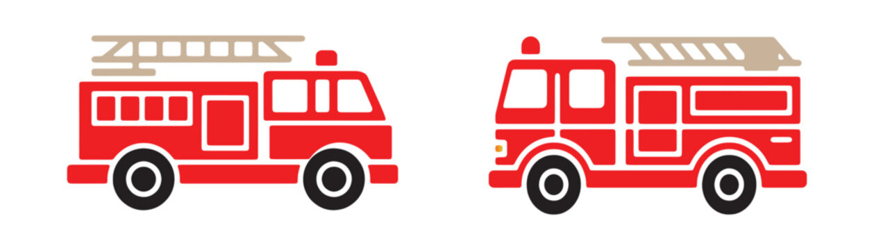 Two fire trucks shown from side view, one in minimal style, second in detailed flat design.