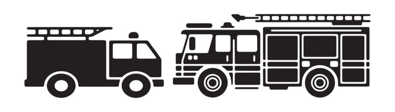 Two black silhouette fire trucks, one shown from side view with minimal detail, other with more detail.