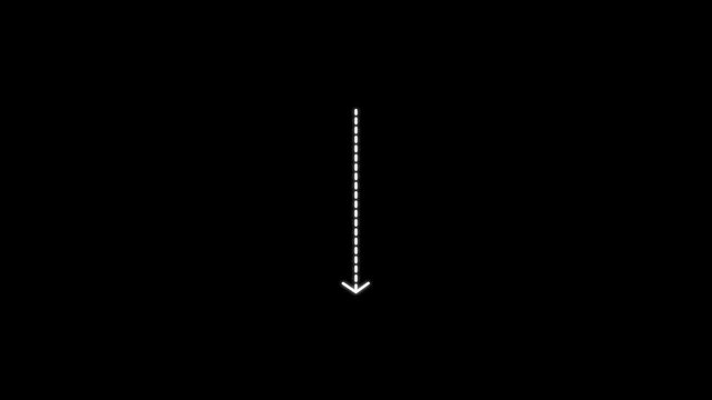 Dawon arrow direction icon with dotted line animation on black background. dot arrows icon sign animated with alpha channel. Black straight arrows animation. Reveal animation of solid, dashed 4k video