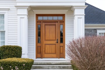 Obraz premium The Wooden Front Door Framed by White Colonial Columns on a House Entrance