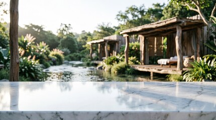 Fototapeta premium Marble Counter with Tropical River and Wooden Cabanas for Product Display
