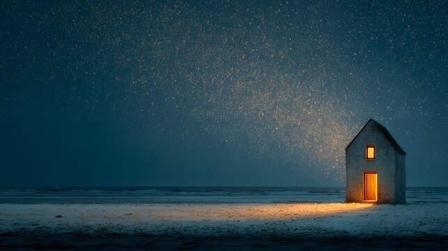 Tiny clay beach hut with warm yellow light inside