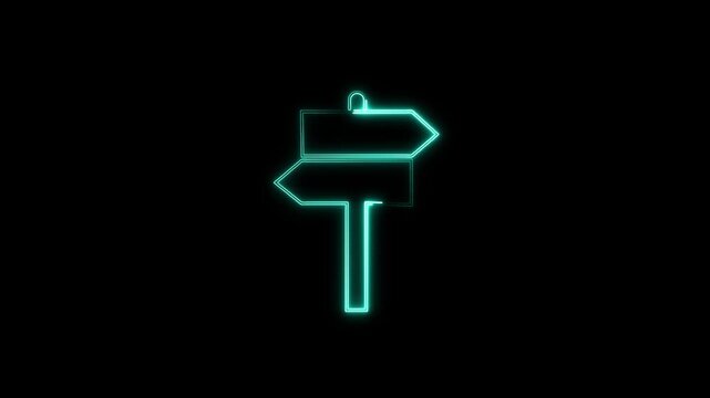 Glowing cyan neon directional signpost animation video icon on black background, loop-able motion graphic symbol for decision, choice, navigation, road sign, and guide interface.