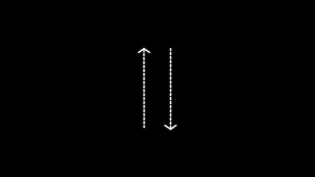Up-Dawon arrow direction icon with dotted line animation on black background. dot arrows icon sign animated with alpha channel. Black straight arrows animation. Reveal animation of solid, dashed 4k