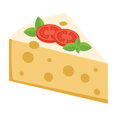 Wedge of Swiss Cheese Topped with Fresh Tomato Slices and Green Basil Leaves Icon