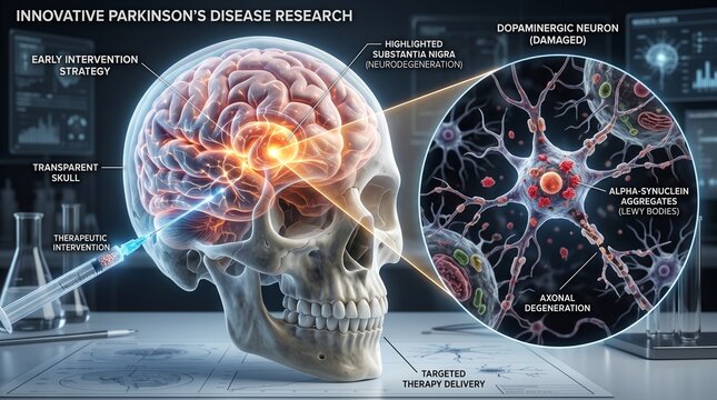 3D medical illustration of brain injury and neuron damage research. Digital render showing traumatic brain impact and neural degeneration for scien...
