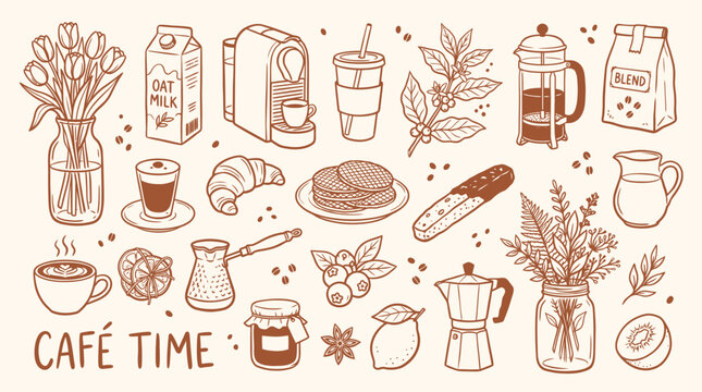 Cafe Time Doodle Icon Set with Capsule Machine French Press Oat Milk Waffles Spices and Barista Elements for Coffeehouse Branding Menu Food Packaging and Blog Design