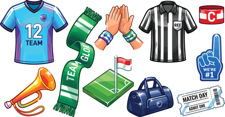 Soccer Fan Collection Featuring Team Jersey Fan Scarf Referee Shirt Captain Armband Match Ticket and Stadium Accessories © sumi