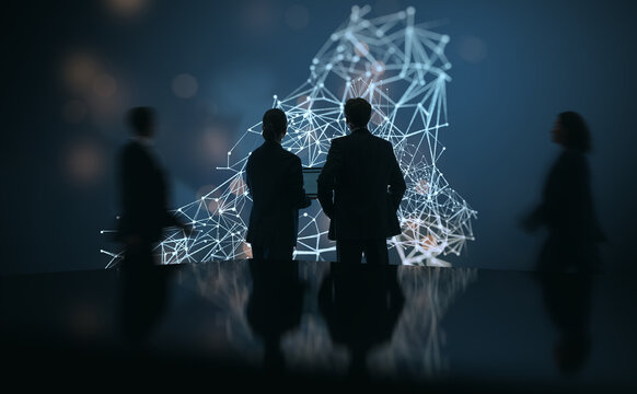 Business Professionals Analyzing Digital Network Data Visualization