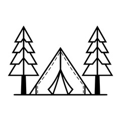 Fototapeta premium Minimalist camping tent icon between two pine trees, simple outline vector illustration