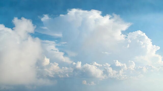 Fluffy clouds in clear sky in photographic style on bright blue background symbolizing tranquility and freedom