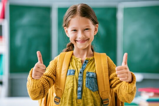 Cheerful Elementary Student Standing by Classroom Chalkboard