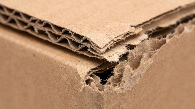 Close-up of torn cardboard edge with metal bracket installation. Damaged packaging material showing structural repair process.
