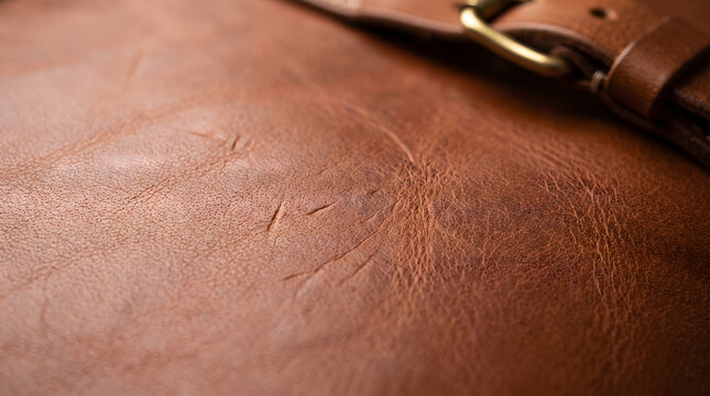 Close-up of rich brown leather texture with natural grain and pores. High-resolution detail of premium animal hide surface for luxury design projects.