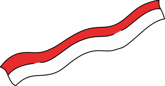 Hand drawn Indonesian red and white ribbon banner vector illustration. Cute bendera merah putih streamer doodle isolated on white background for August 17 decor.