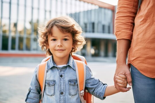 Elementary Student Walking with Parent to School Entrance