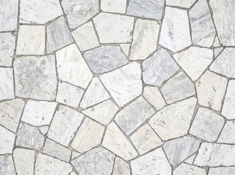 Realistic Top Down White Irregular Stone Pavement Texture Background with Polygonal Limestone Slabs, Subtle Marble Veins, Dark Grout Lines, and Full Frame Mosaic Surface