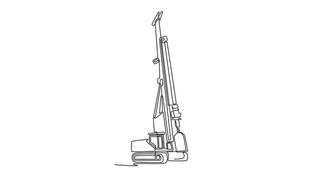 Animated self drawing of continuous line draw an industrial rotary drilling rig vehicle. Tall foundation piling mast, track system for deep boring and mining operations. Full length one line animation